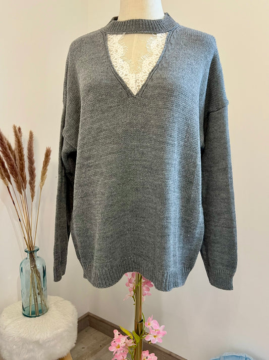 PULLOVER COL DENTELLE GRIS