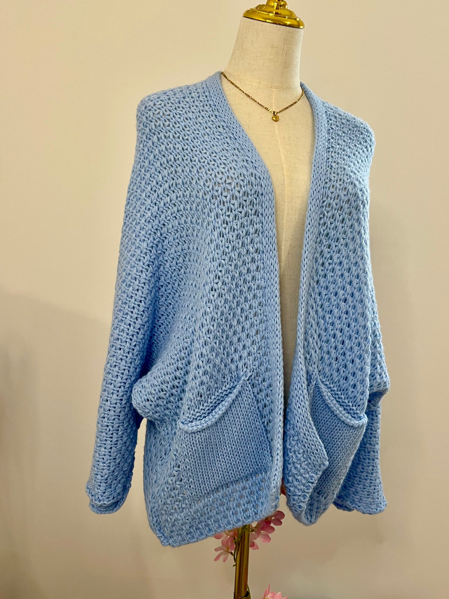 GILET GRANDE MAILLE POCHES BLEU