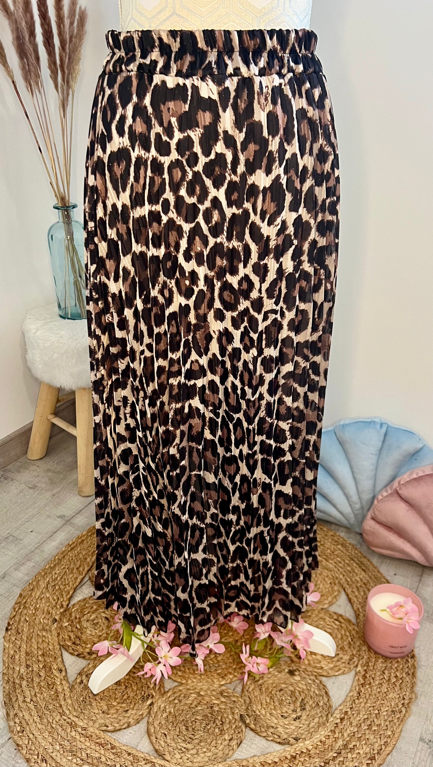 Jupe longue plissée lurex motif leopard