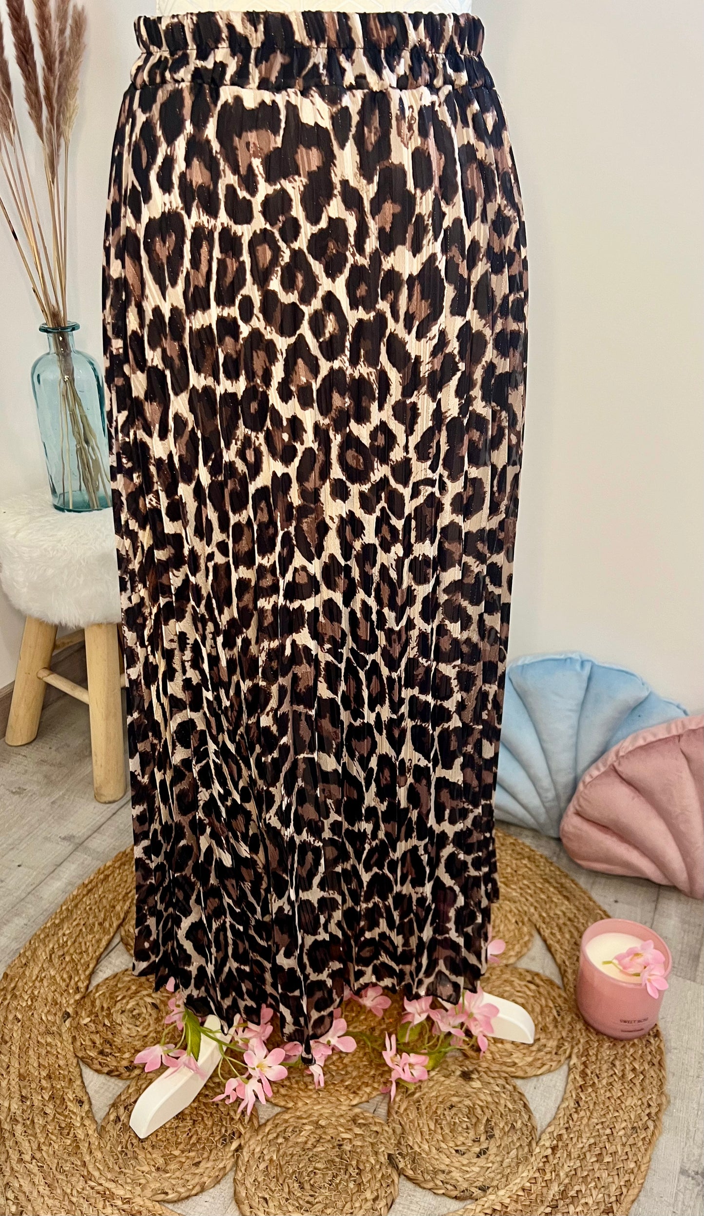 Jupe longue plissée lurex motif leopard