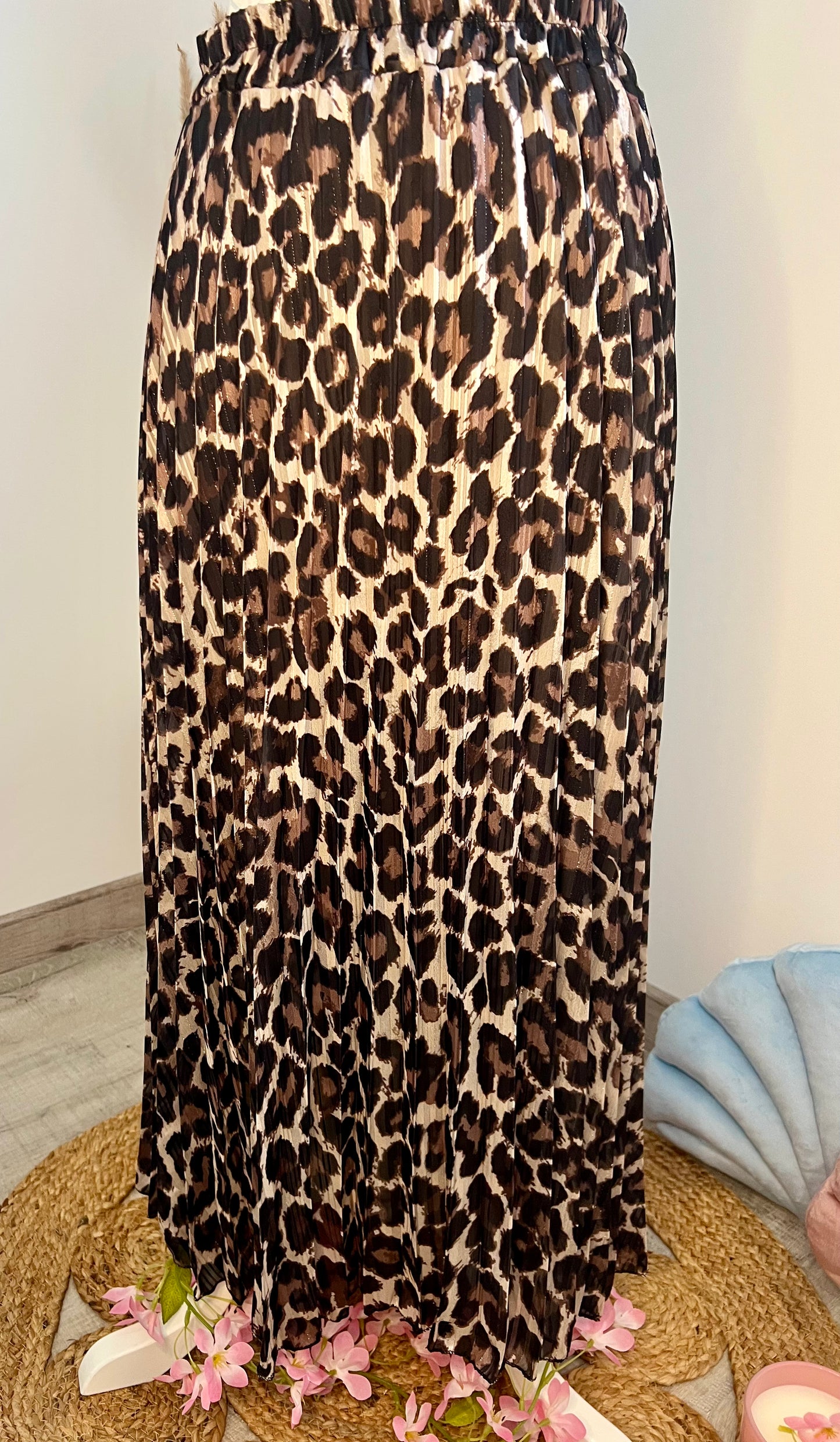 Jupe longue plissée lurex motif leopard