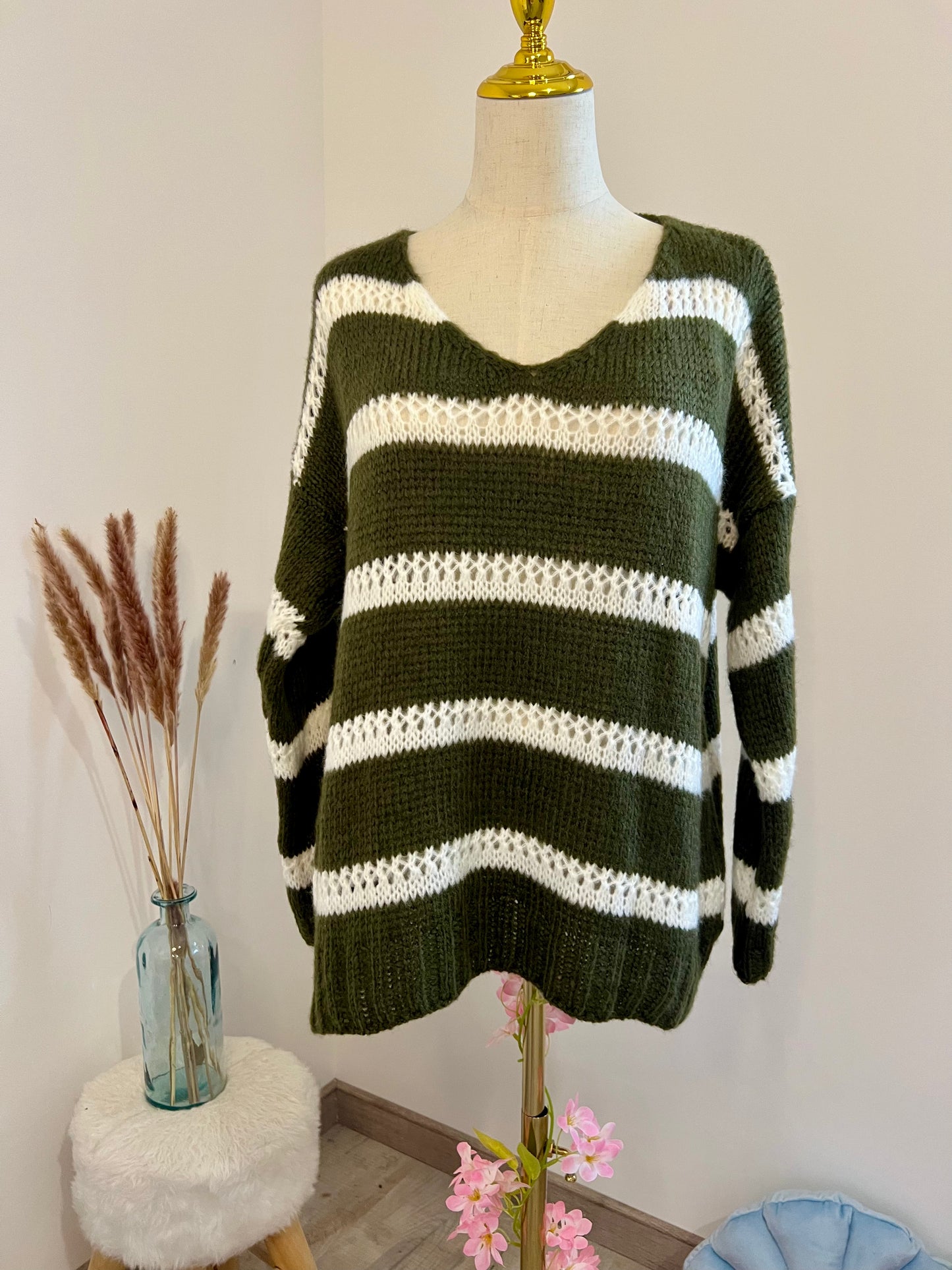 PULLOVER DOUX RAYE VERT