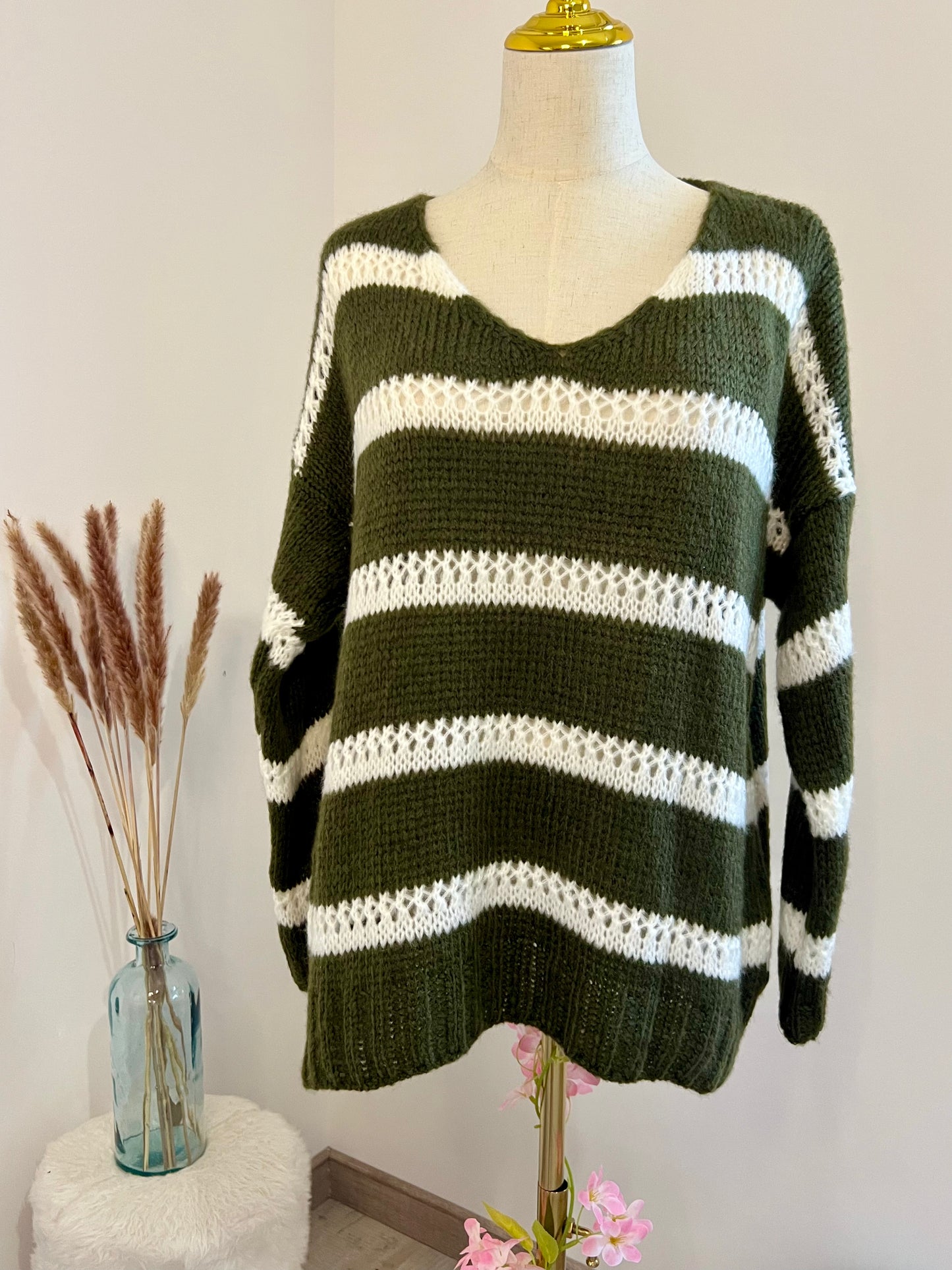 PULLOVER DOUX RAYE VERT