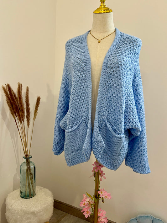 GILET GRANDE MAILLE POCHES BLEU